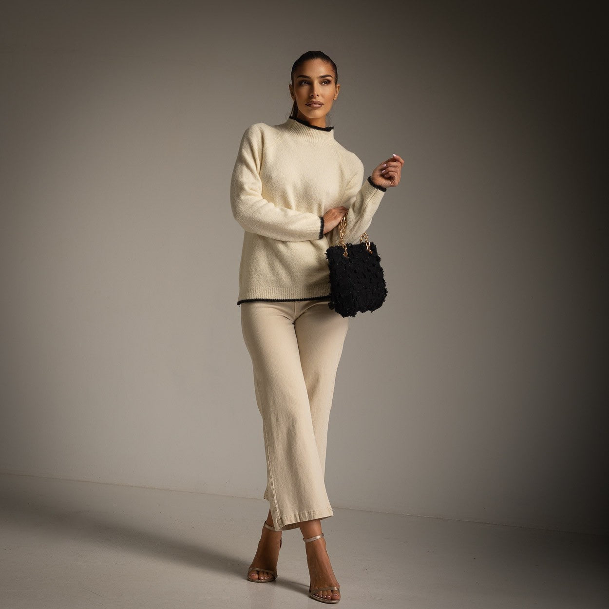 Mock Neck Sweater with Black Tipping