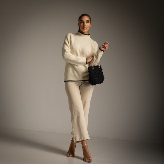 Mock Neck Sweater with Black Tipping