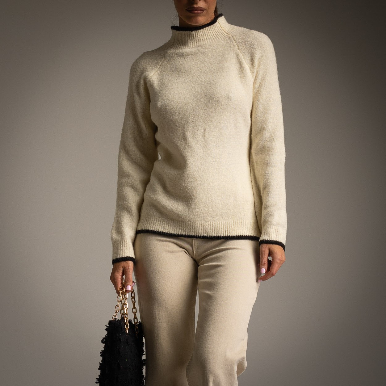 Mock Neck Sweater with Black Tipping