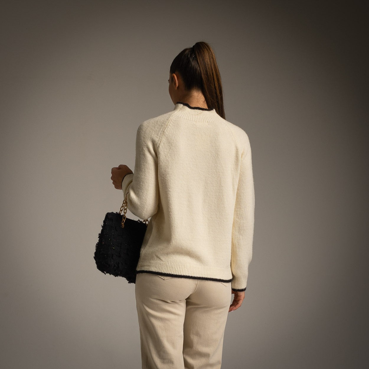 Mock Neck Sweater with Black Tipping