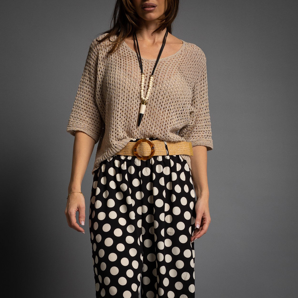 Knit Crochet Top In Beige