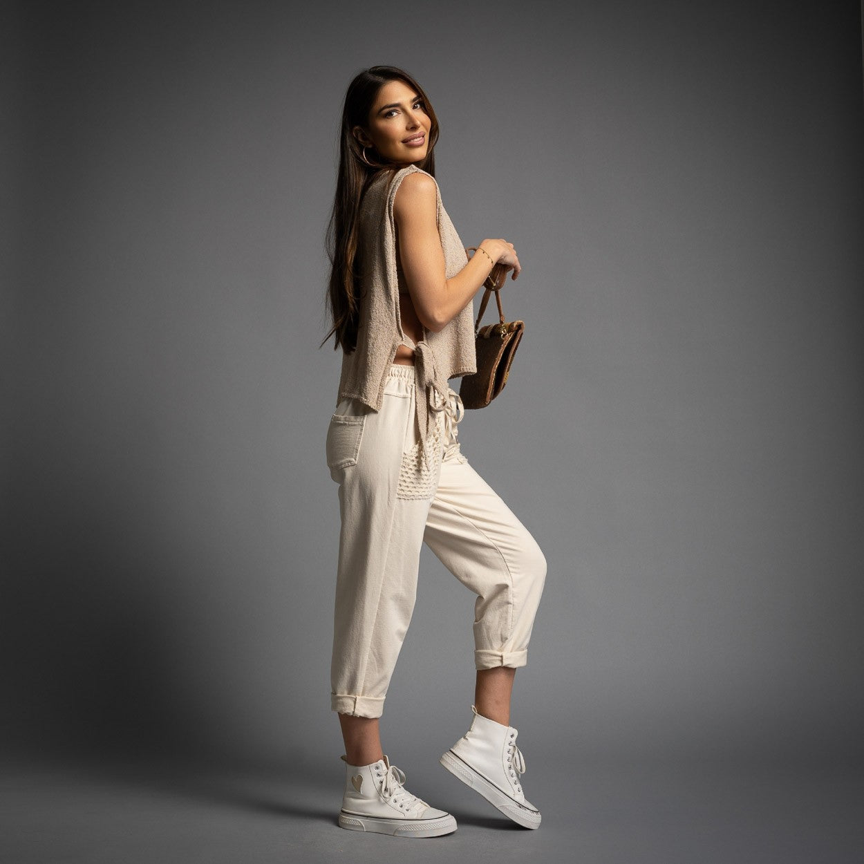 Knit Side Tie Vest in Beige
