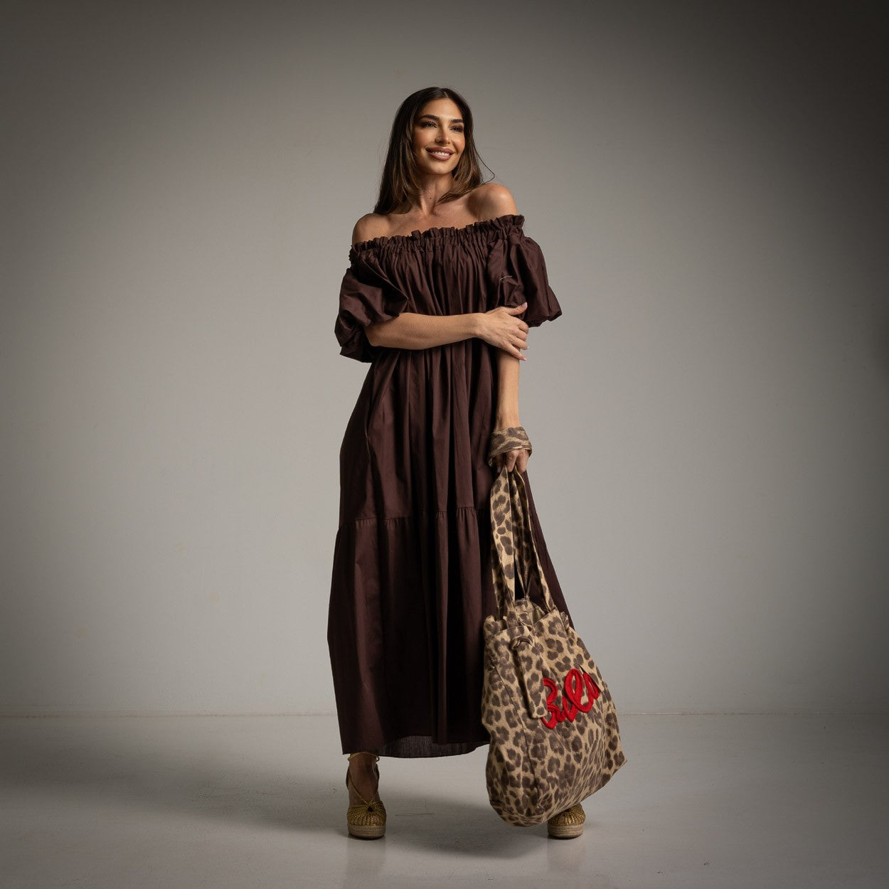 Off The Shoulder Tiered Cotton Dress in Brown