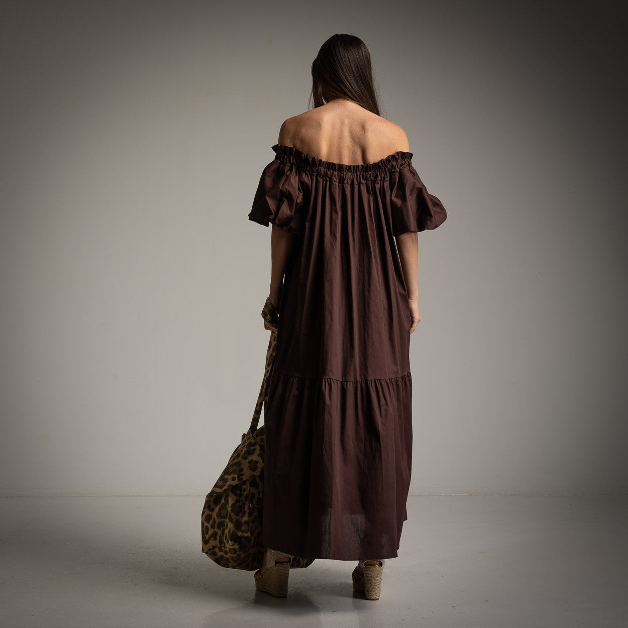 Off The Shoulder Tiered Cotton Dress in Brown