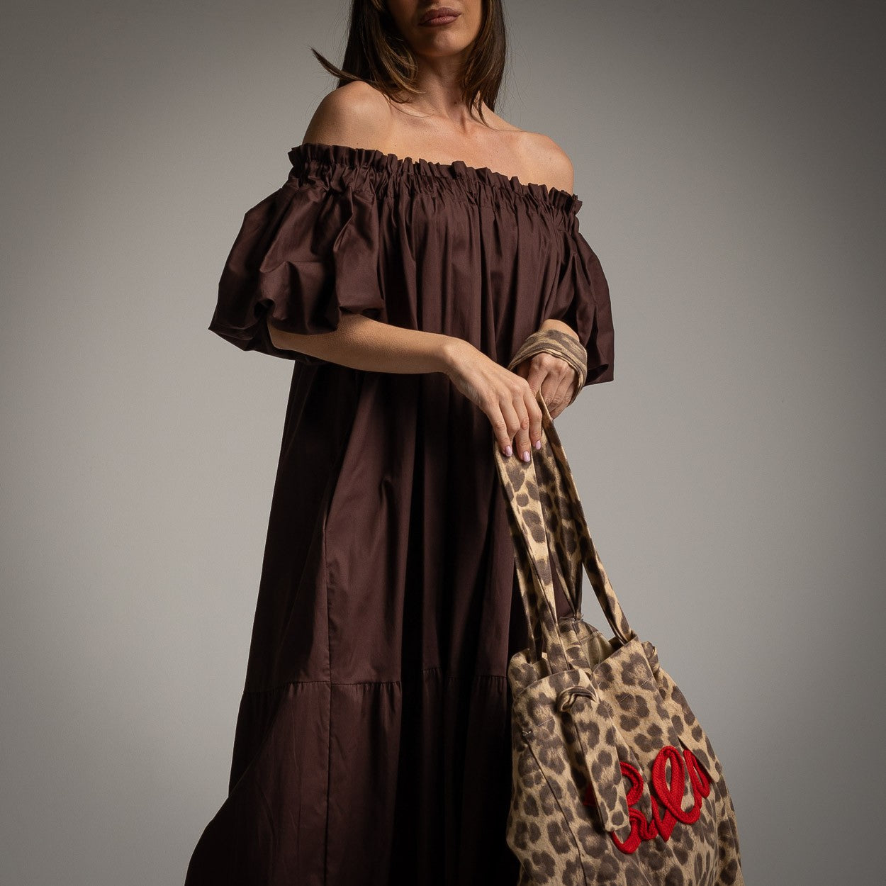 Off The Shoulder Tiered Cotton Dress in Brown