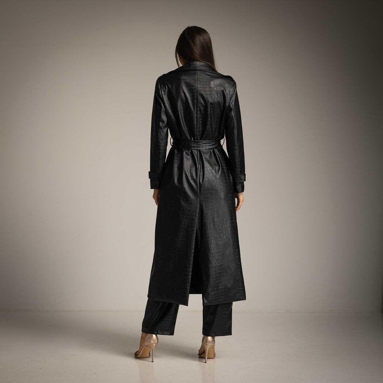 faux leather trench coat black back
