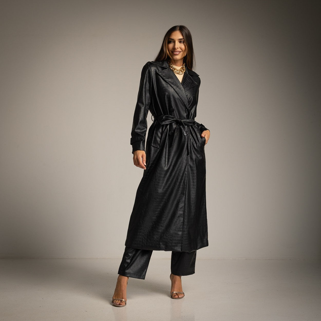 faux leather trench coat black front