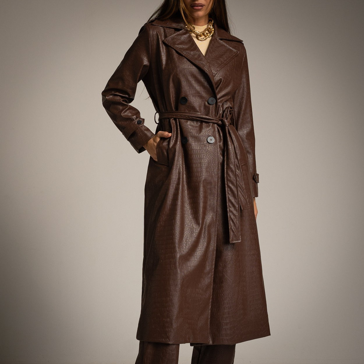 brown faux leather coat detail
