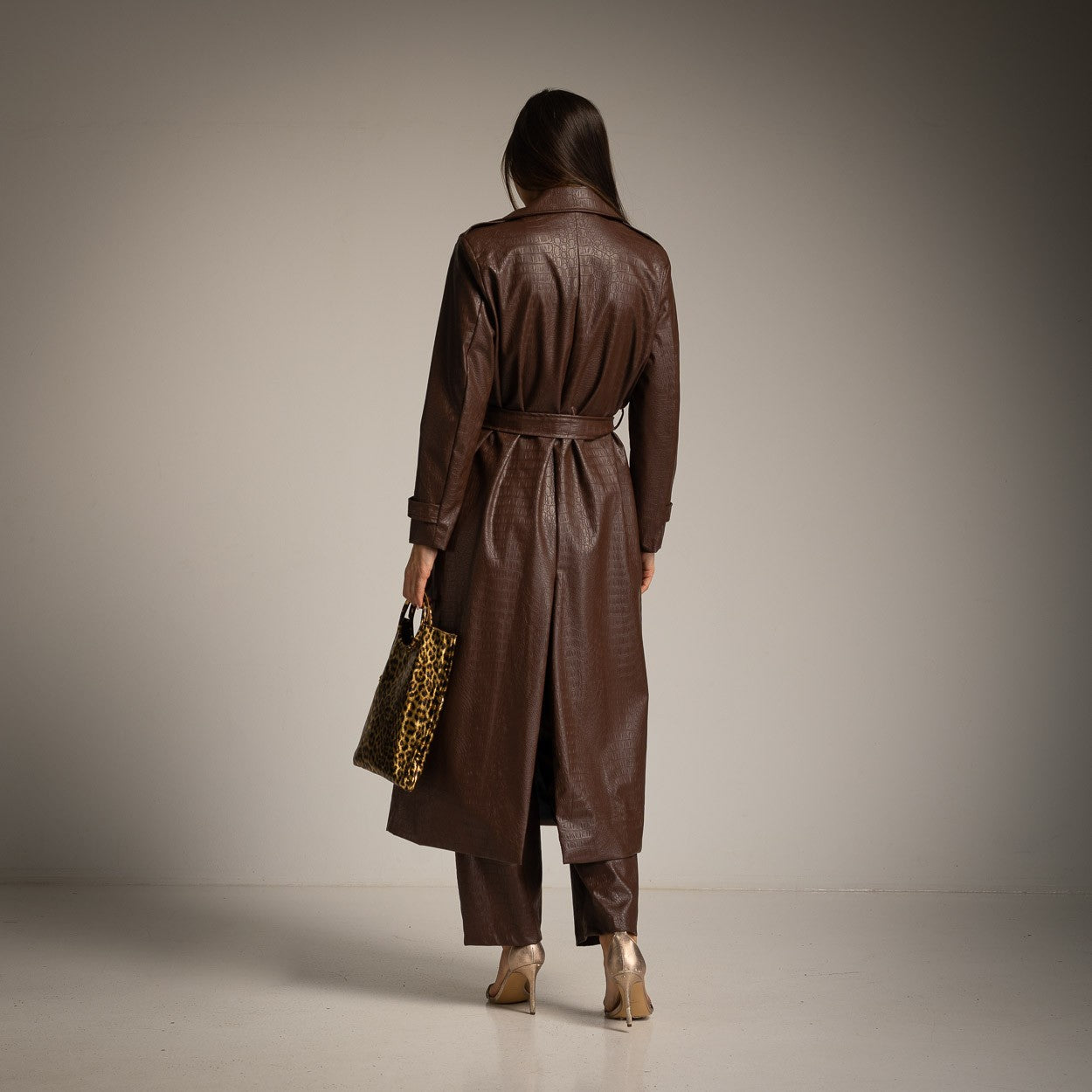 brown faux leather trench coat back