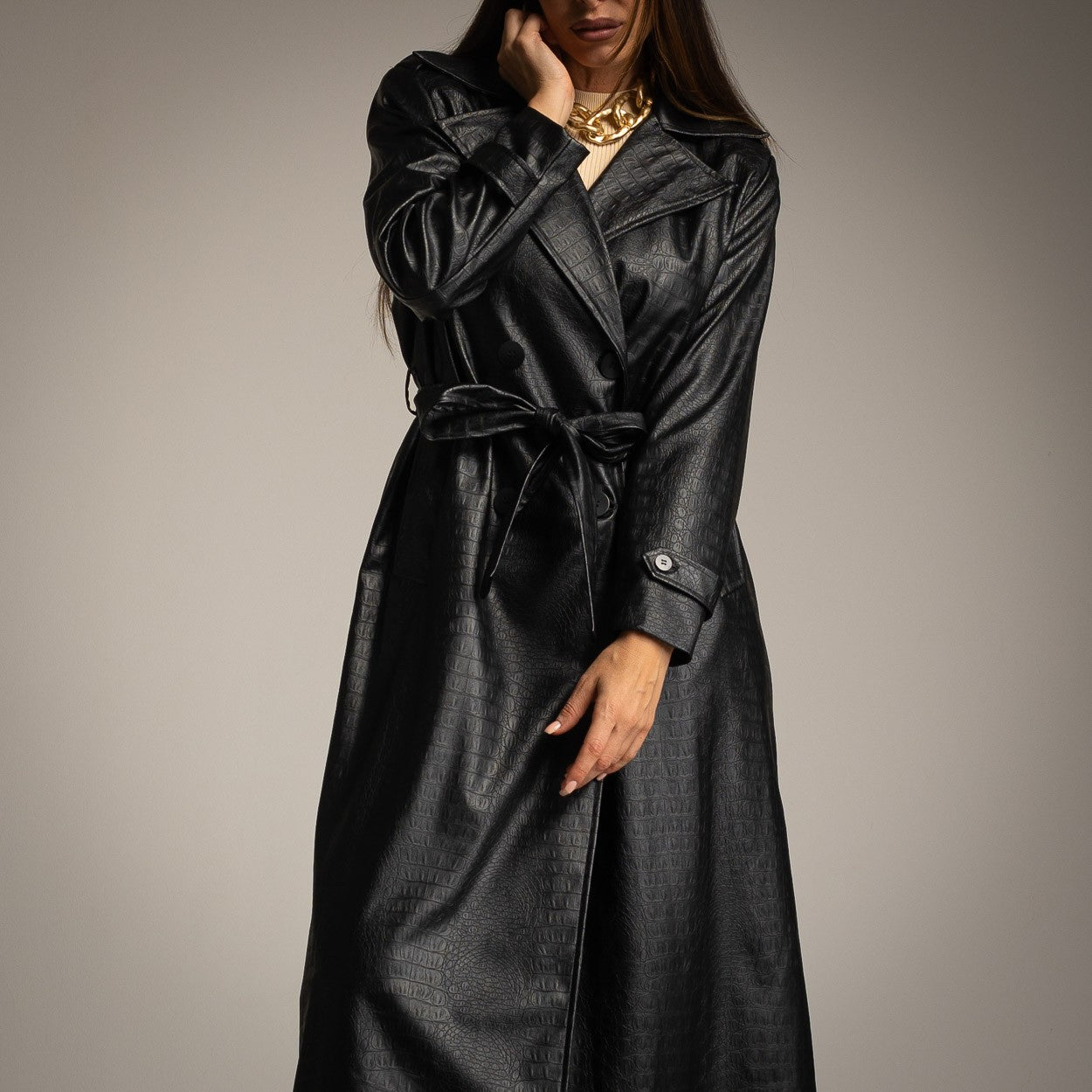 faux leather trench coat black front detail