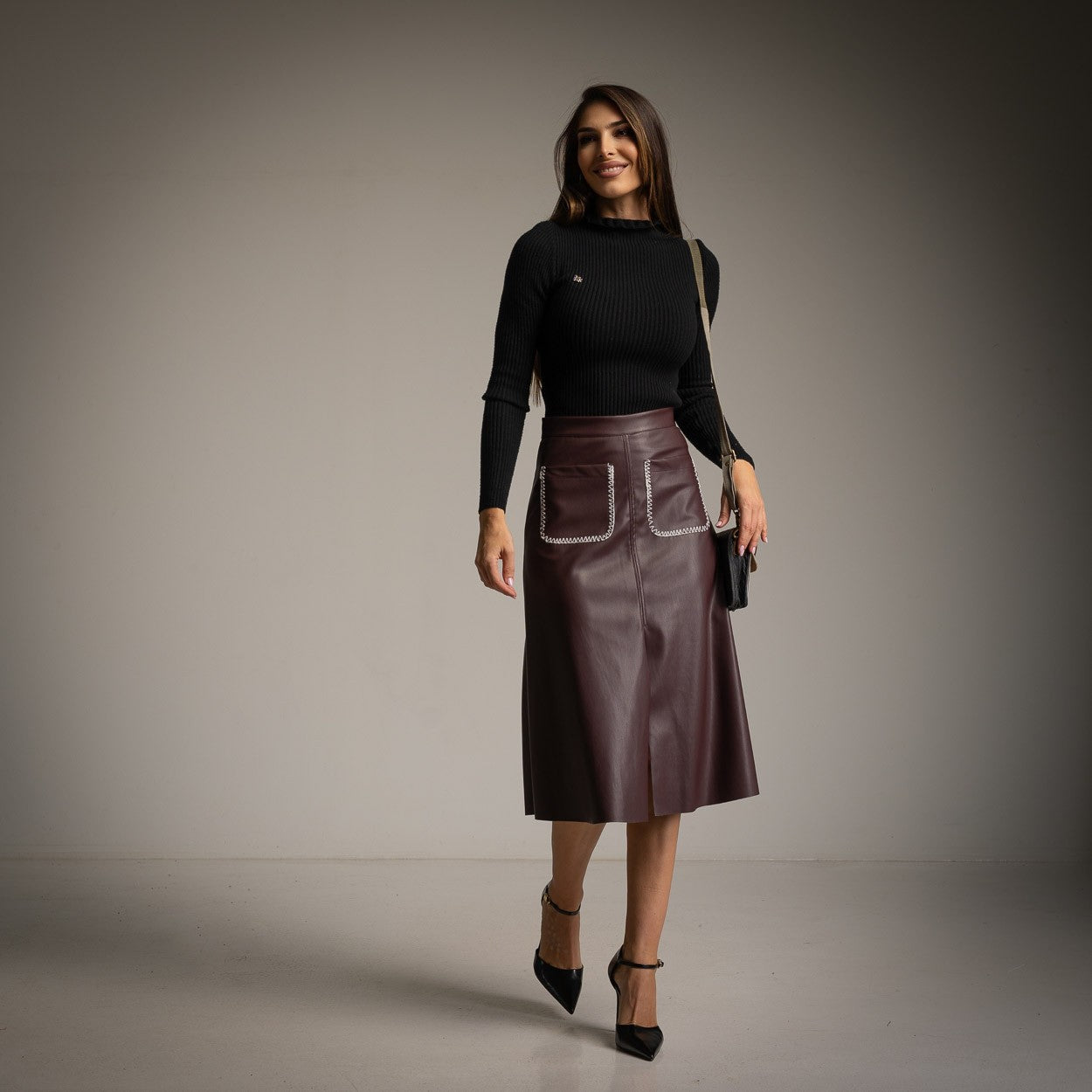 A-Line Faux Leather Skirt with Whipstitch Patch Pockets in Bordeaux A-Line Faux Leather Skirt with Whipstitch Patch Pockets in Bordeaux