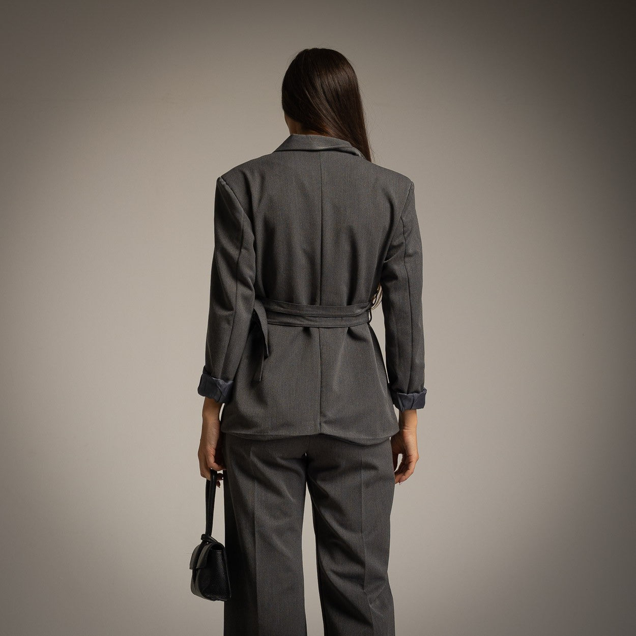 grey double belt blazer back