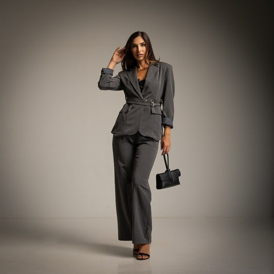 grey double belt blazer front
