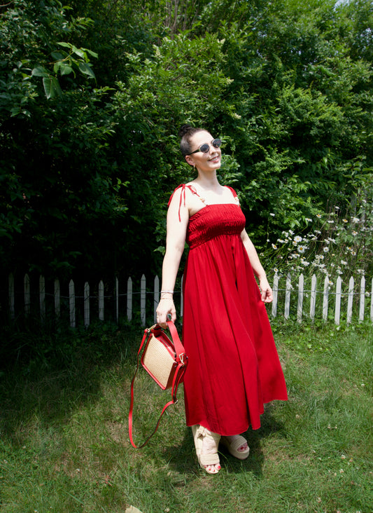 Beaded Tie Tank Smocked Bodice Dress Linen Blend