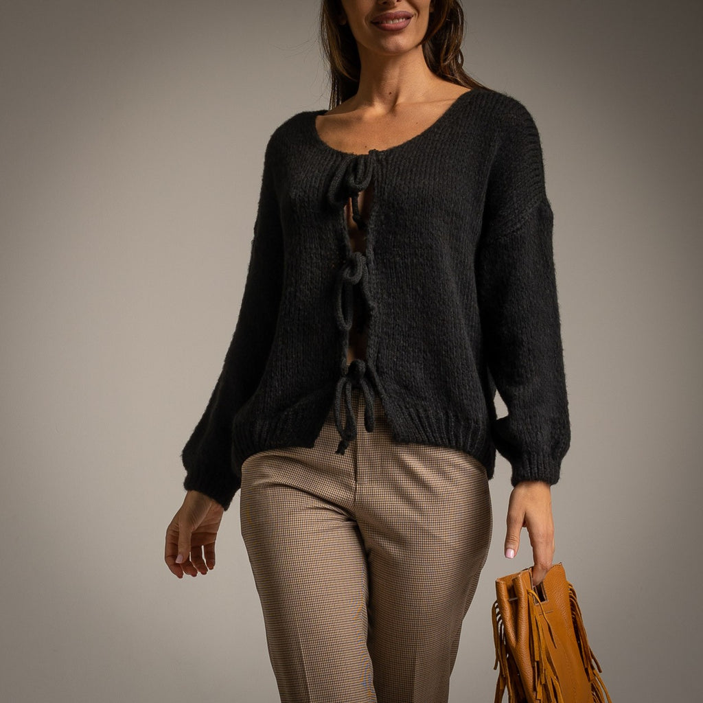 black  tie-front cardigan front