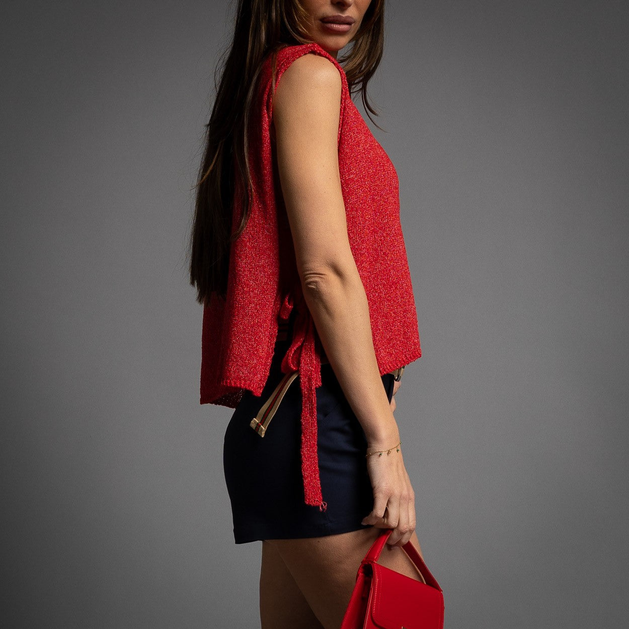 Knit Side Tie Vest in Red