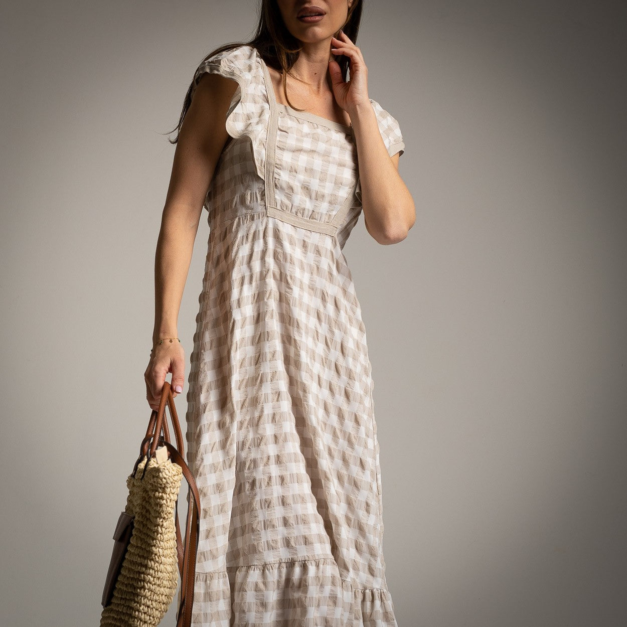 gingham midi dress with sleeves Green & White Gingham V-Neck Puff Sleeve Midi Dress