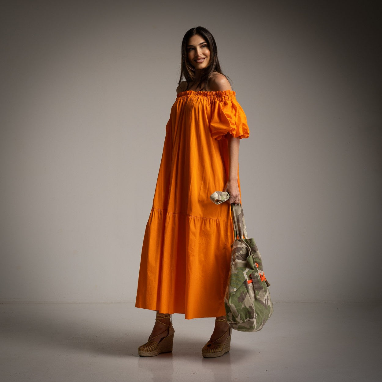 Off The Shoulder Tiered Cotton Dress in Orange