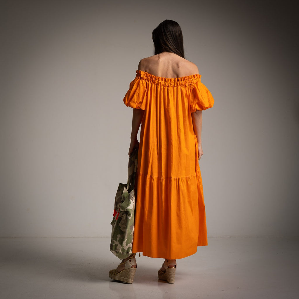 Off The Shoulder Tiered Cotton Dress in Orange