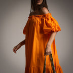 Off The Shoulder Tiered Cotton Dress in Orange