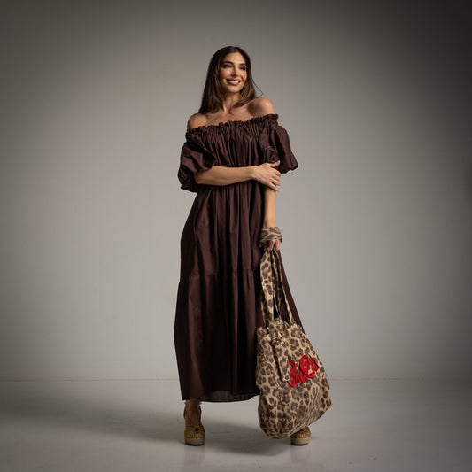 Off The Shoulder Tiered Cotton Dress in Brown