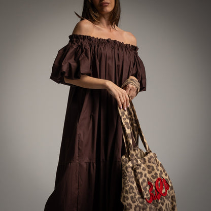 Off The Shoulder Tiered Cotton Dress in Brown