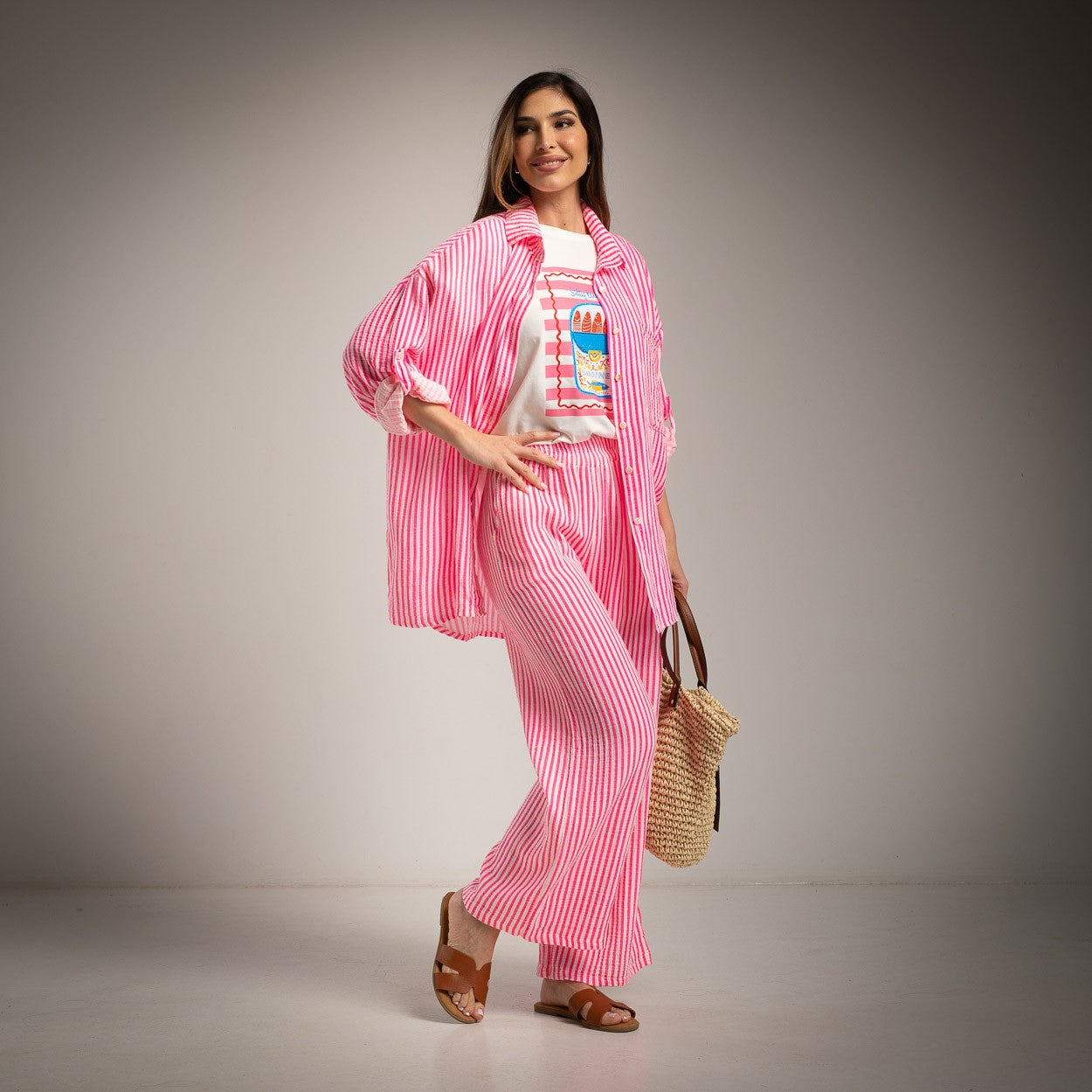 pink stripe shirt set 