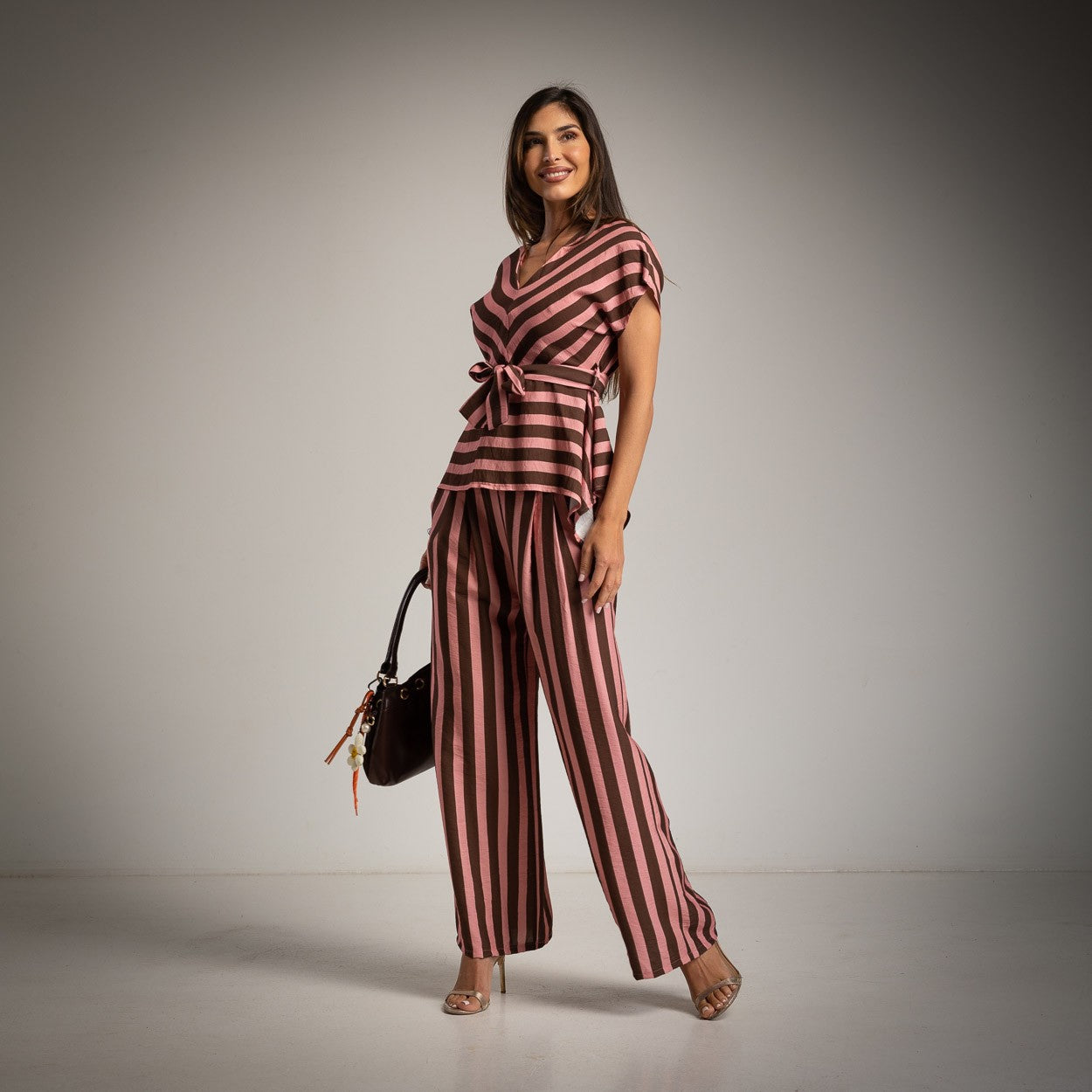 Capri Asymmetrical Top Stripe Set in Pink