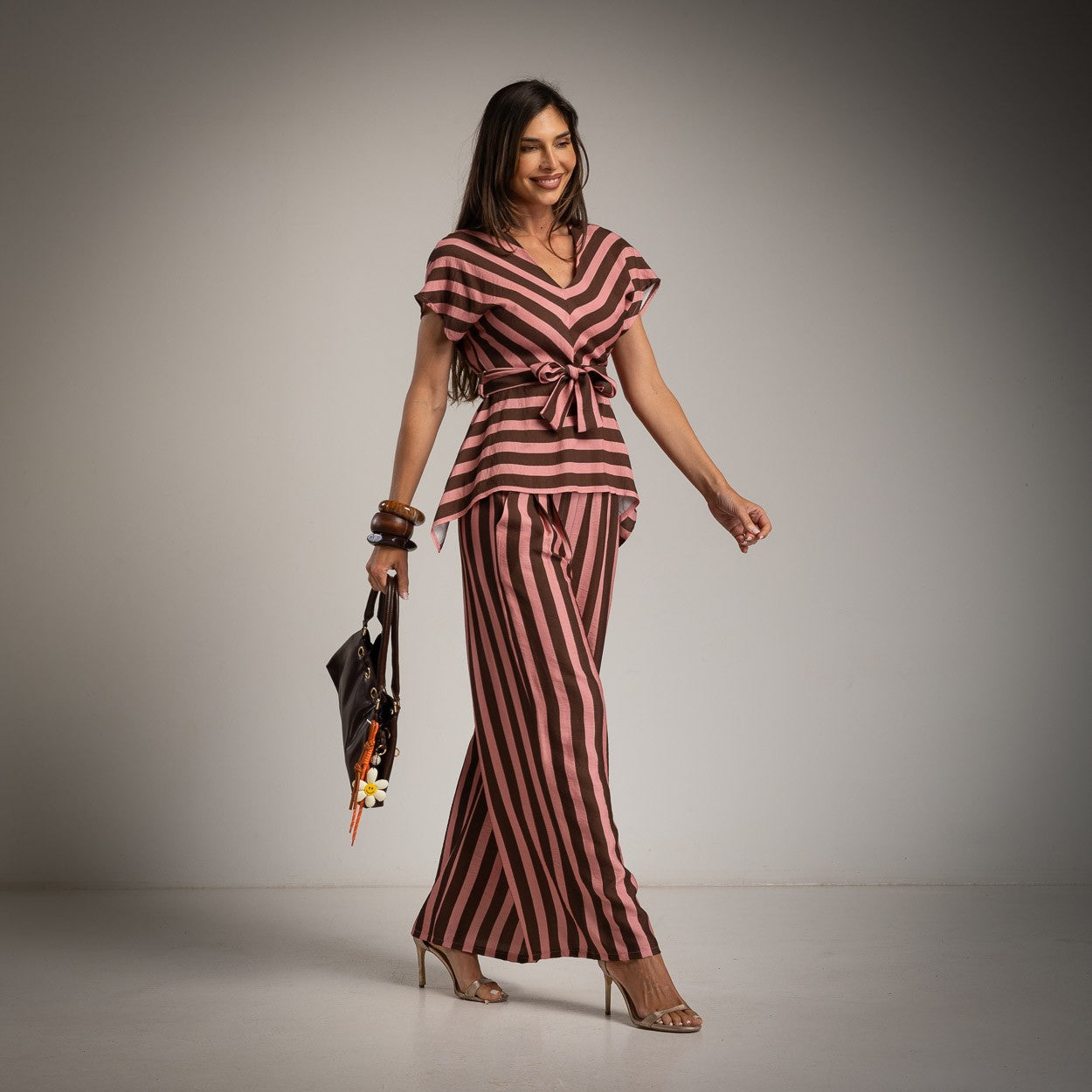 Capri Asymmetrical Top Stripe Set in Pink