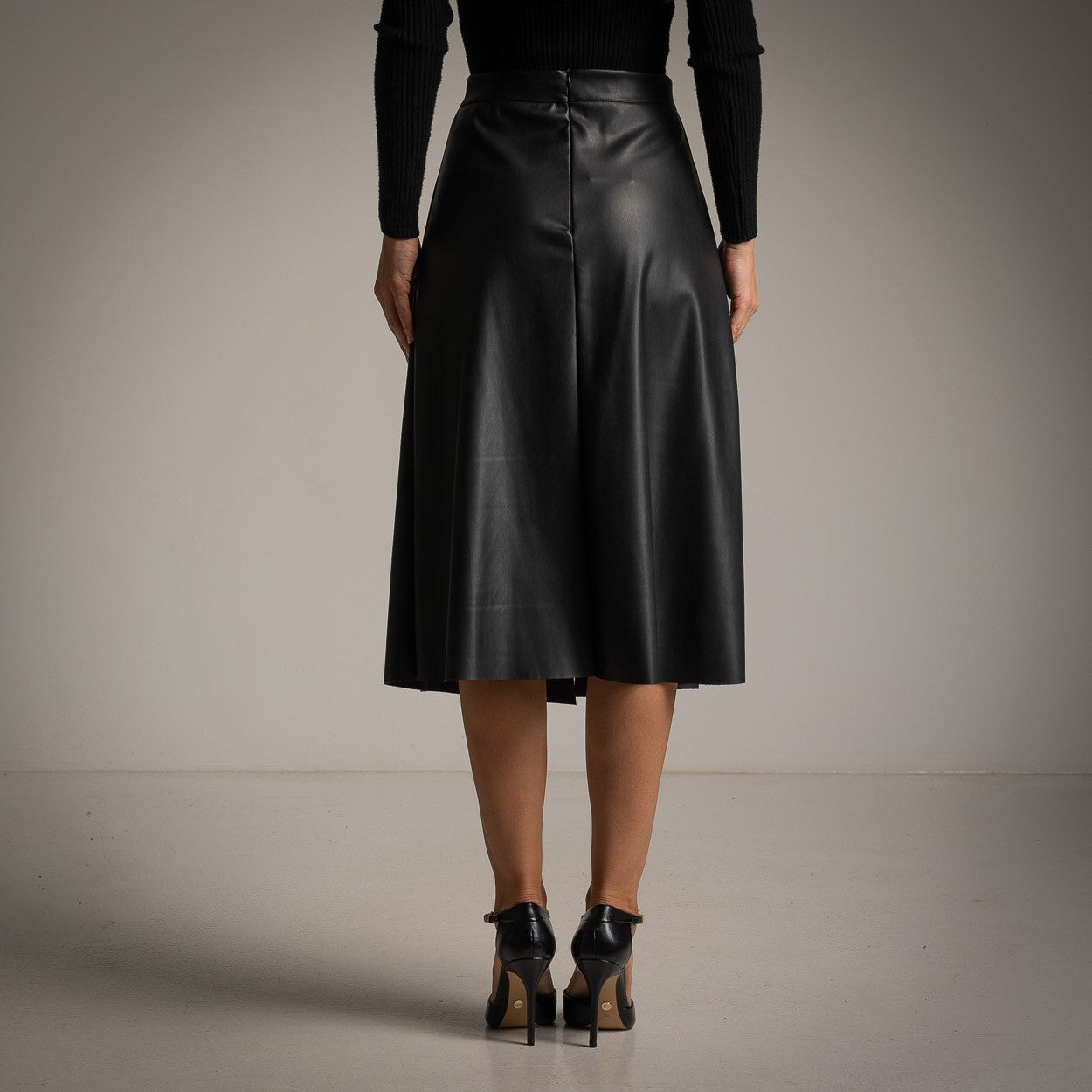 A-Line Faux Leather Skirt with Whipstitch Patch Pockets in Black