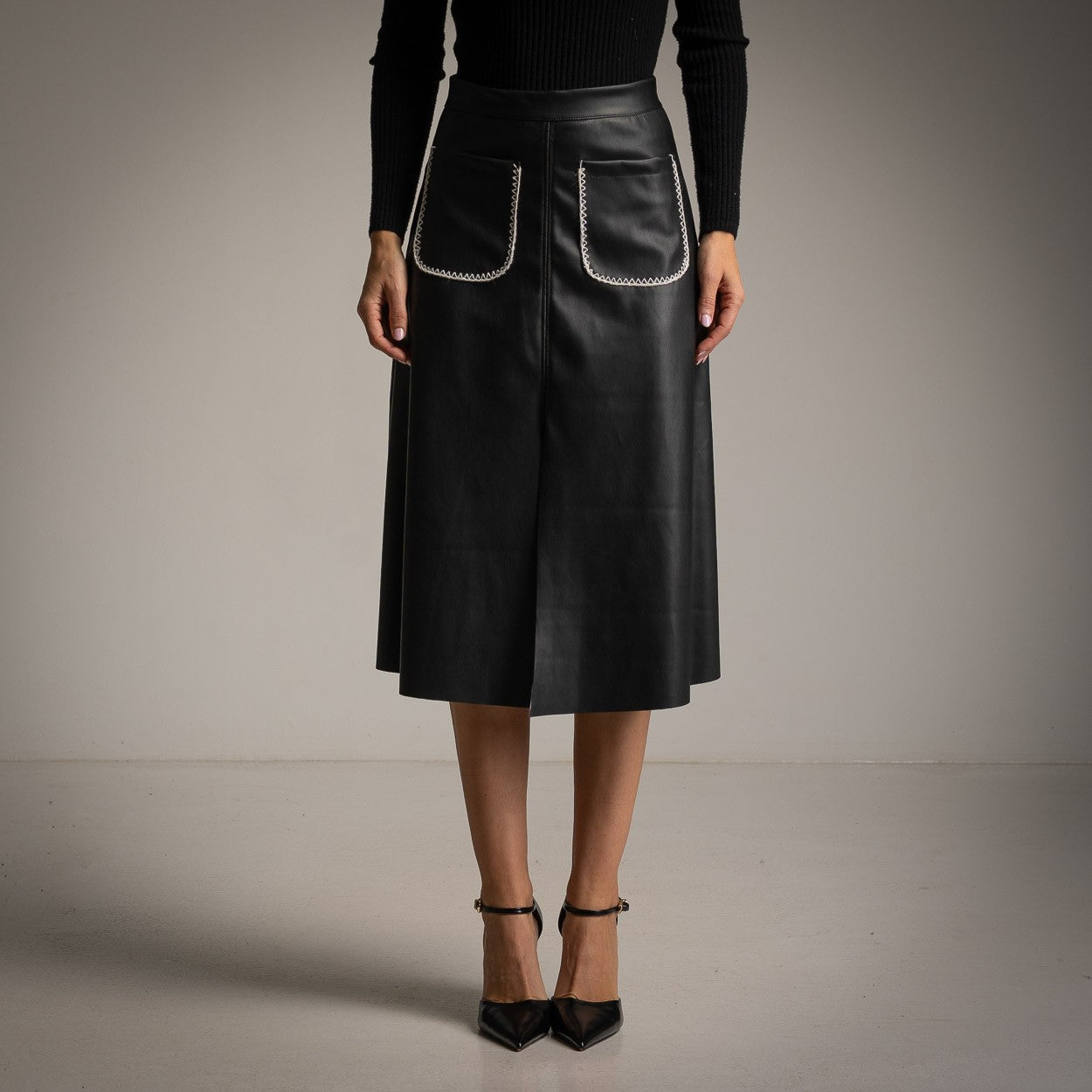 A-Line Faux Leather Skirt with Whipstitch Patch Pockets in Black Black / S/M A-Line Faux Leather Skirt with Whipstitch Patch Pockets in Black Black / S/M