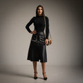 A-Line Faux Leather Skirt with Whipstitch Patch Pockets in Black