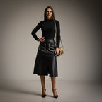 A-Line Faux Leather Skirt with Whipstitch Patch Pockets in Black