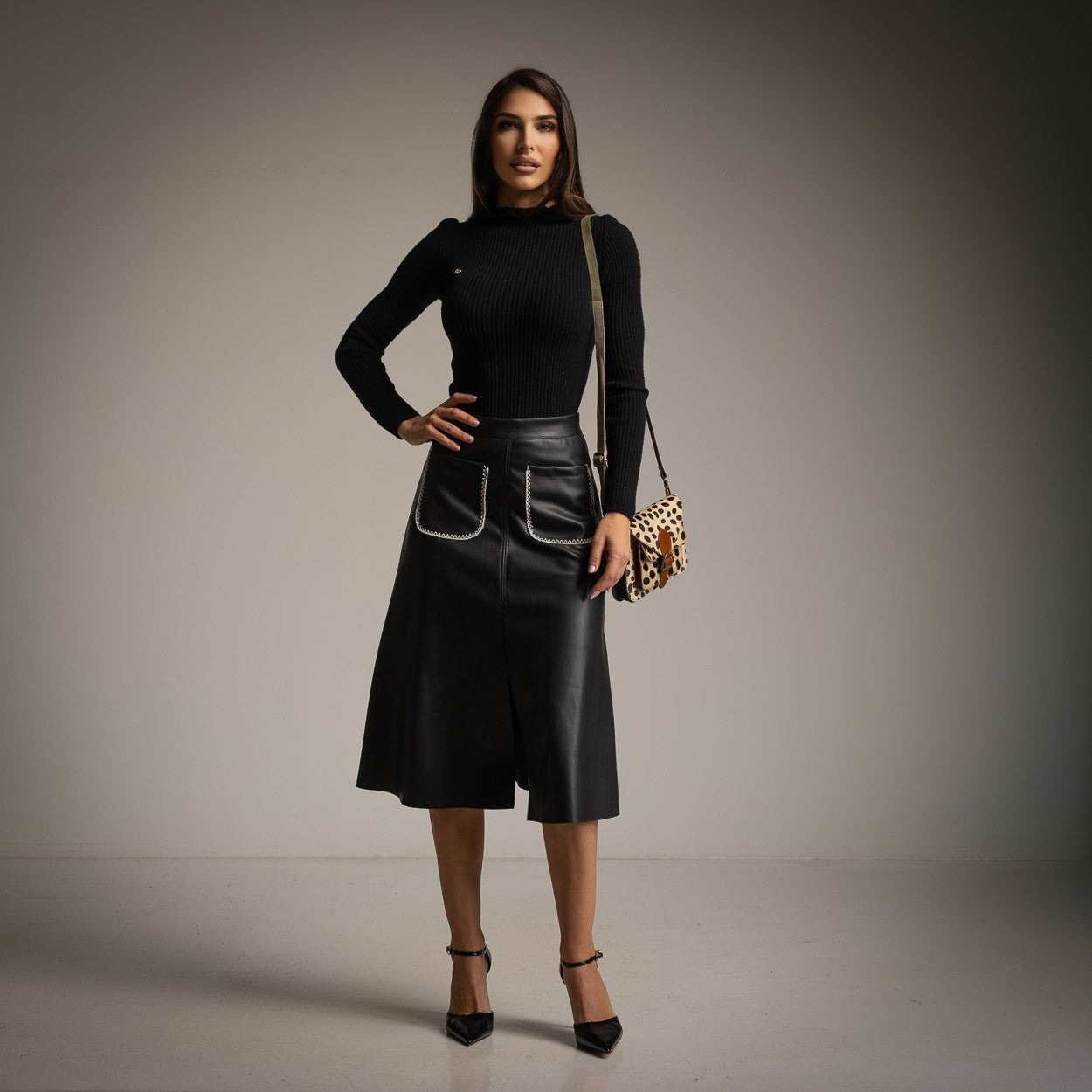 A-Line Faux Leather Skirt with Whipstitch Patch Pockets in Black