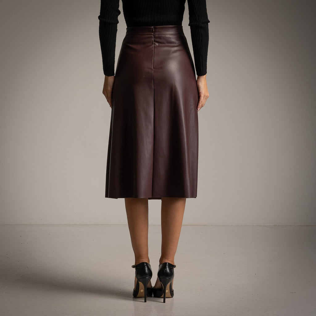 A-Line Faux Leather Skirt with Whipstitch Patch Pockets in Bordeaux