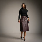 A-Line Faux Leather Skirt with Whipstitch Patch Pockets in Bordeaux