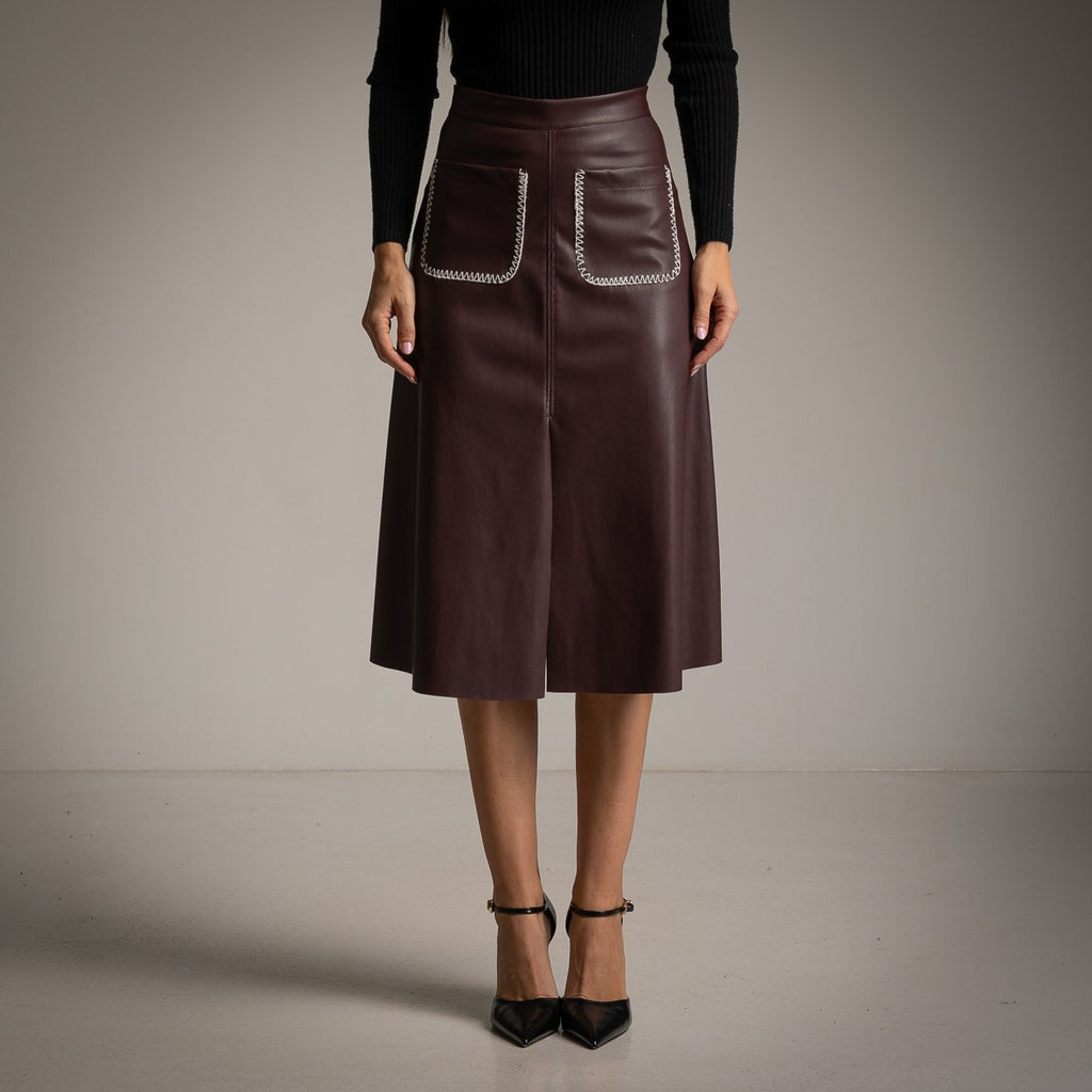 A-Line Faux Leather Skirt with Whipstitch Patch Pockets in Bordeaux
