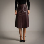 A-Line Faux Leather Skirt with Whipstitch Patch Pockets in Bordeaux