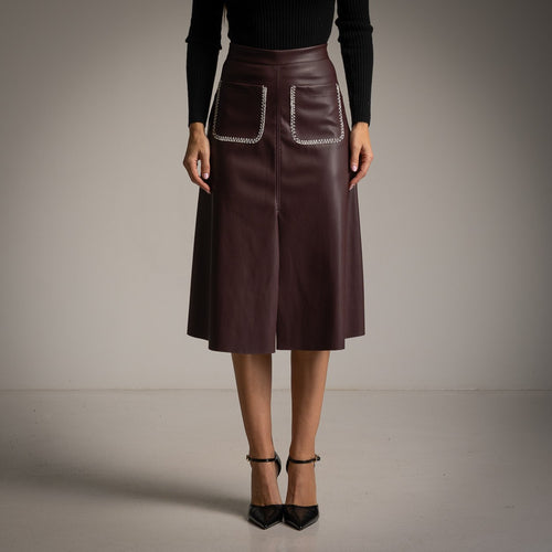 A-Line Faux Leather Skirt with Whipstitch Patch Pockets in Bordeaux