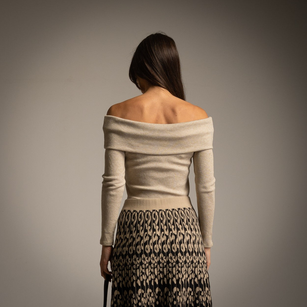Bardot Rib Knit Top in Beige