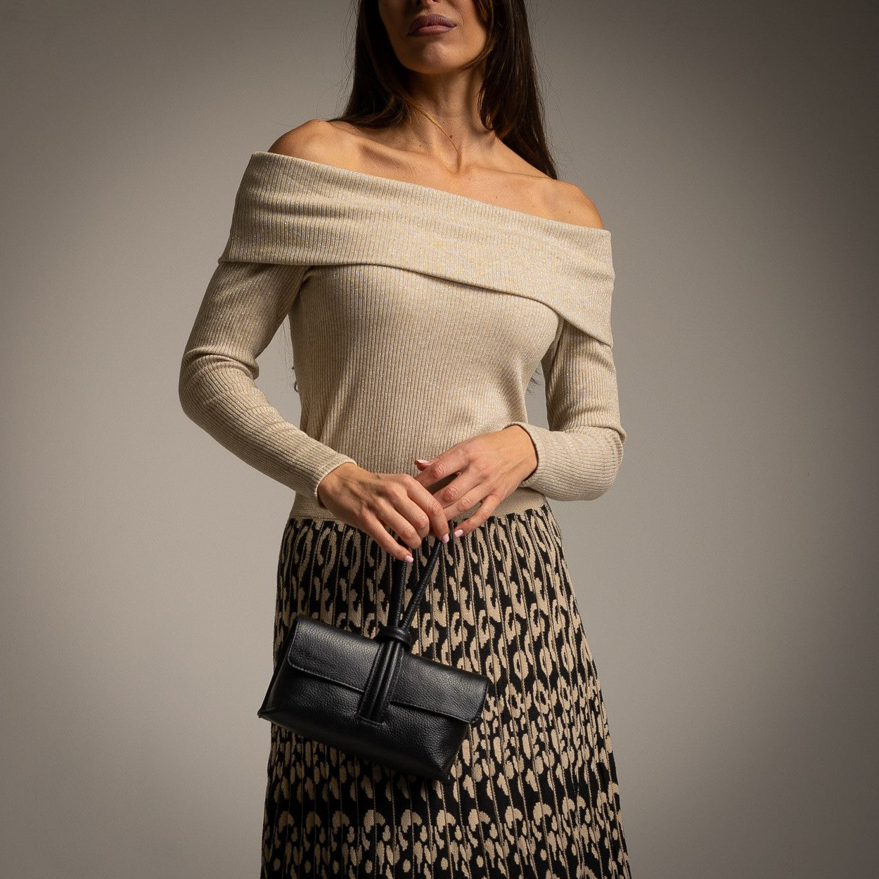 Bardot Rib Knit Top in Beige