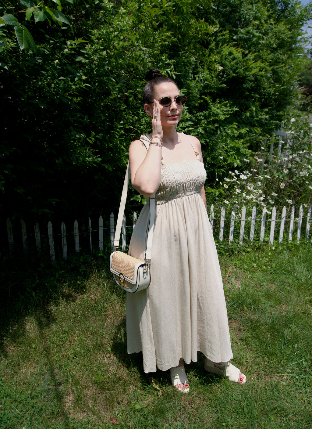 Beaded Tie Tank Smocked Bodice Dress Linen Blend
