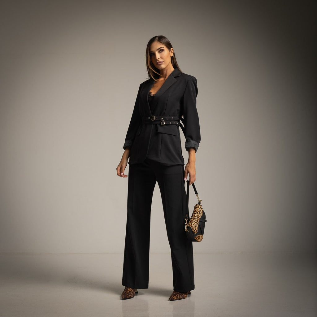 black blazer with double belt 