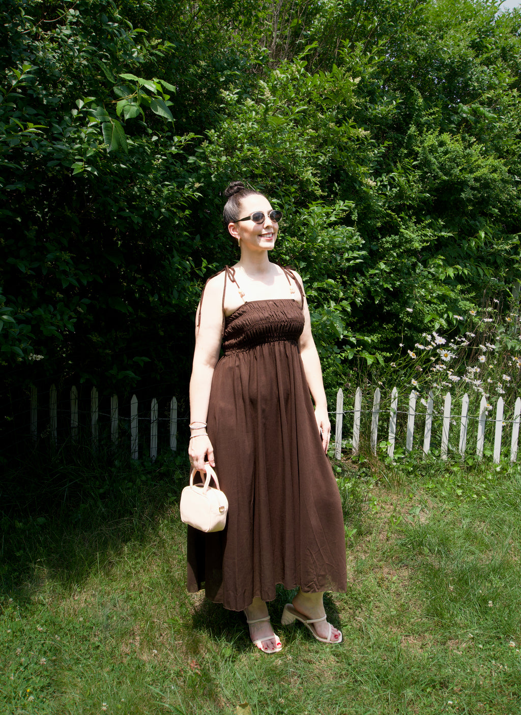 Beaded Tie Tank Smocked Bodice Dress Linen Blend