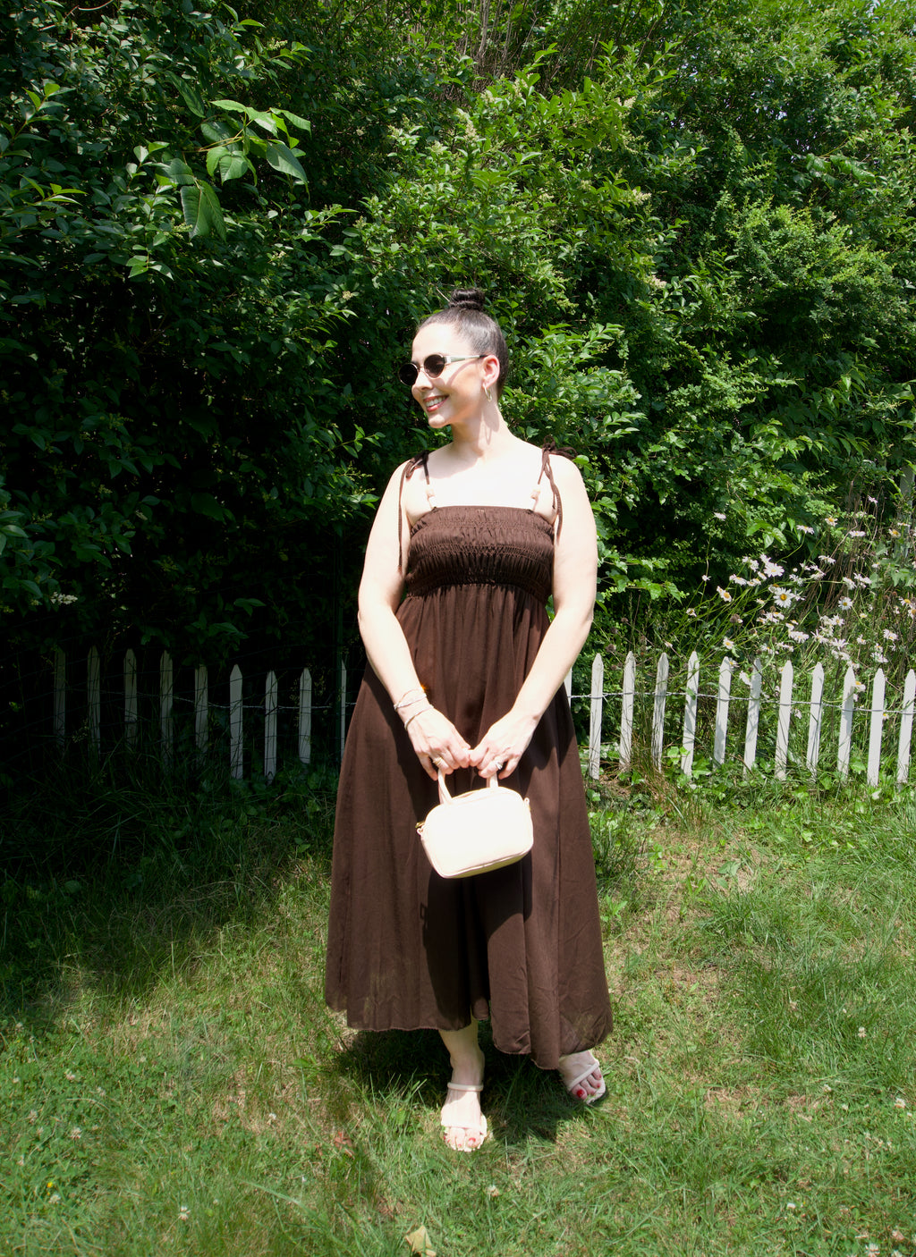 Beaded Tie Tank Smocked Bodice Dress Linen Blend