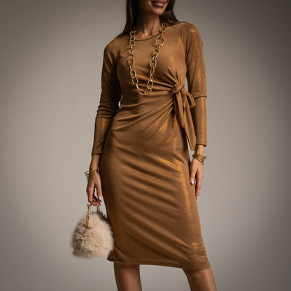 Laminated Side Tie Dress in Camel