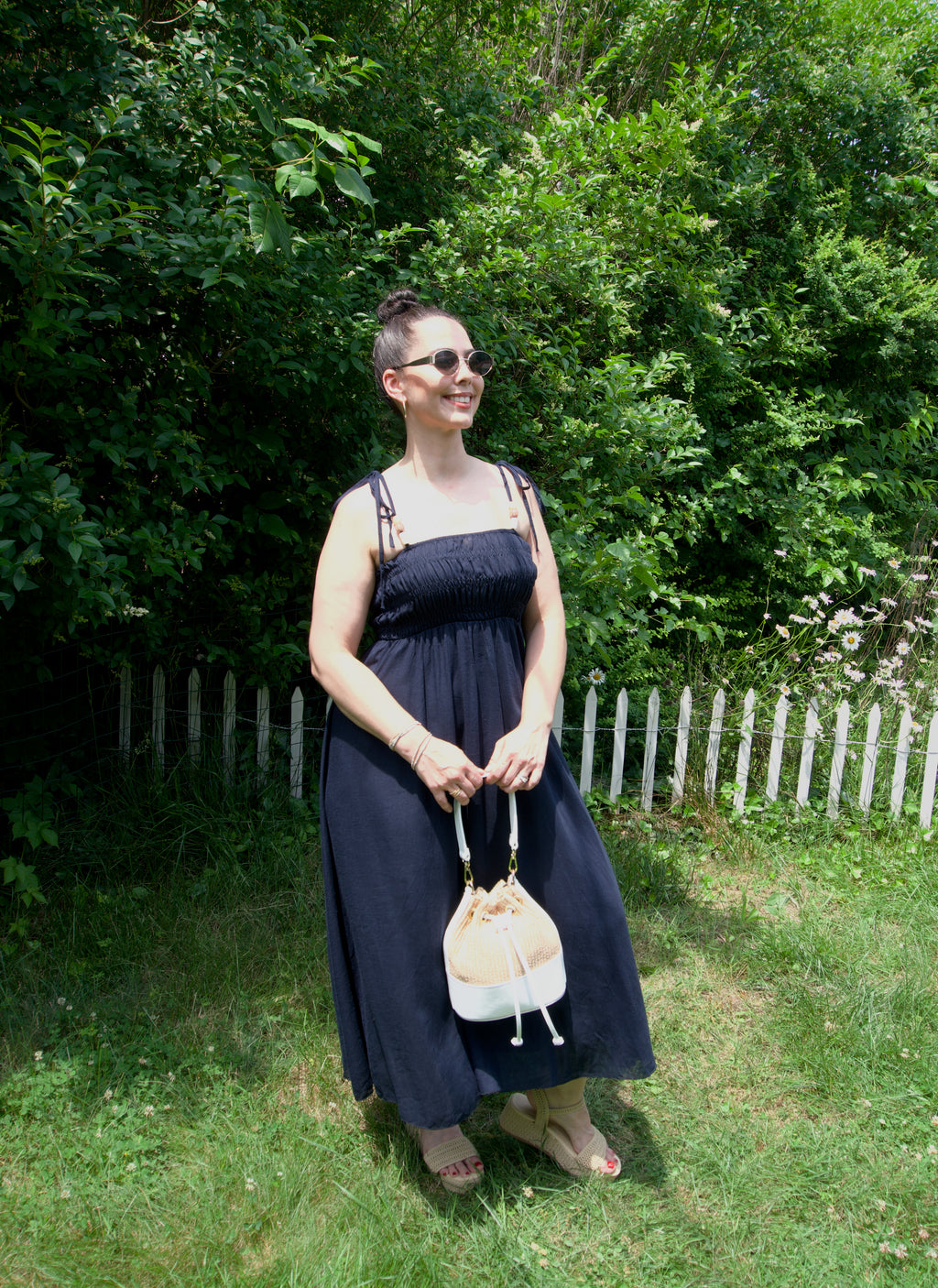 Beaded Tie Tank Smocked Bodice Dress Linen Blend