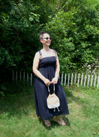 Beaded Tie Tank Smocked Bodice Dress Linen Blend