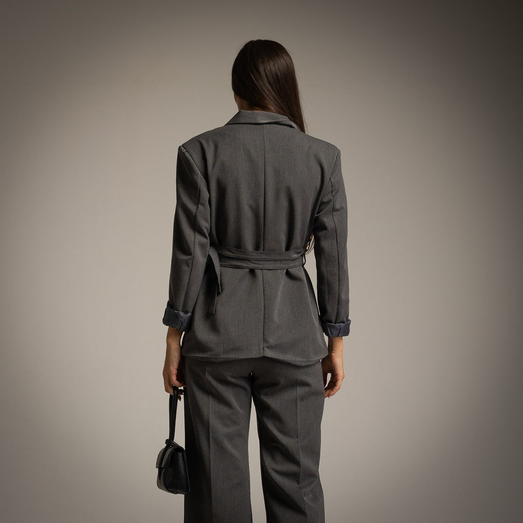 grey double belt blazer back 