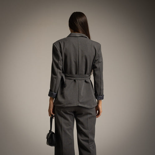 grey double belt blazer back 